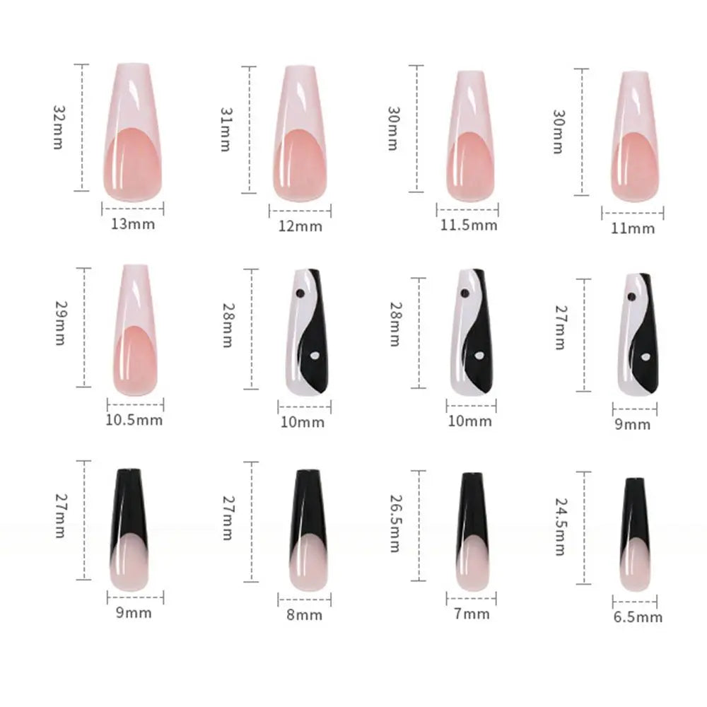 24Pcs Long Coffin False Nails White Black Designs Wearable French Ballerina Fake Nails Press On Full Cover Manicure Nail Tips