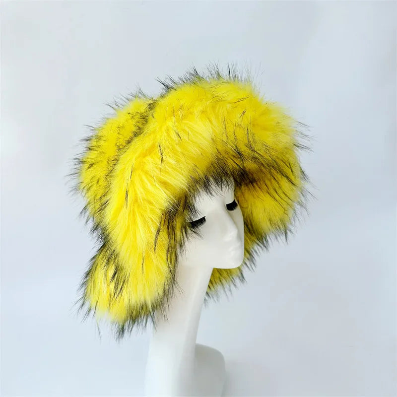 Fur bucket hat and bag set Women's warm plush autumn and winter hat Punk style imitation raccoon fur basin hat and handbag