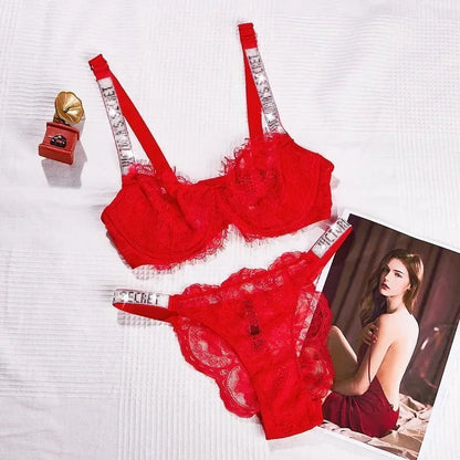 2024 Classic Women's Sexy Lingerie Set Sheer Lace Trim Supportive Adjustable Victoria's Secret Bra and Panty Set Lace Lingerie