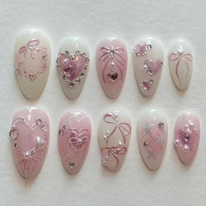 24pcs Sweet False Nail Patches Detachable Fake Nail Tips With Bowknots Love Heart Pearl Design Pink Almond Korean Press On Nail