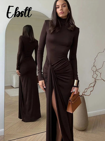 Elegant Turtleneck Pleated Party Dress Women Sexy High Split Long Sleeve Hip Package Maxi