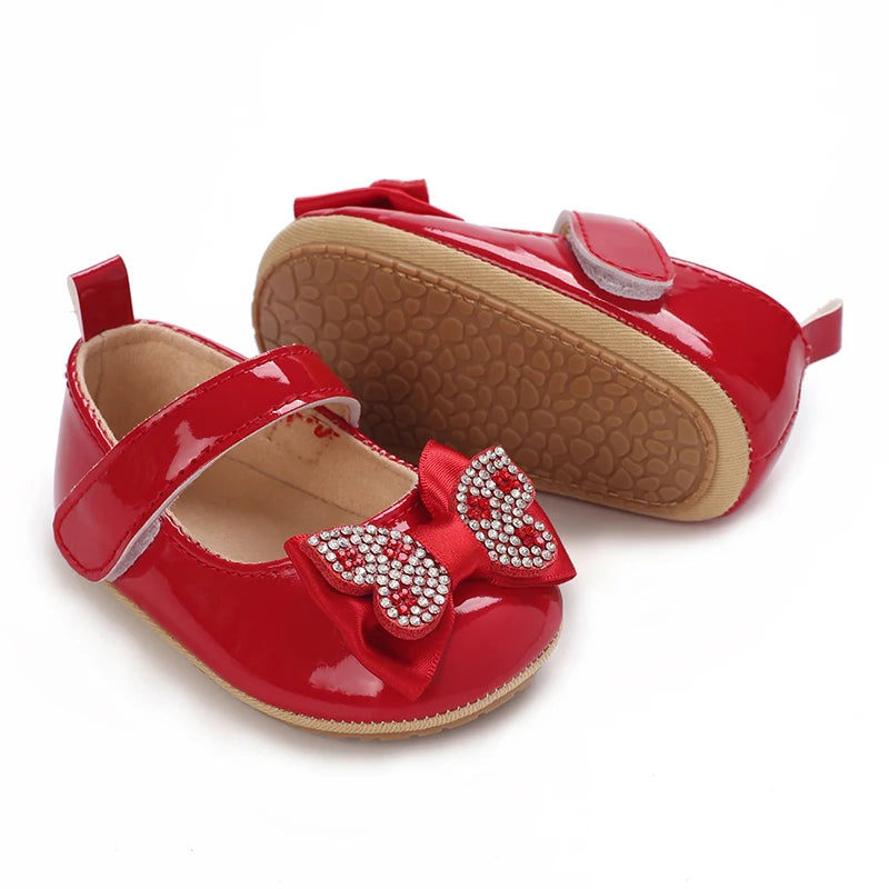 Newborn Baby Shoes Baby Girl Shoes Girl Classic Red Bowknot Rubber Sole Anti-slip PU Dress Shoes First Walker Toddler Crib Shoes