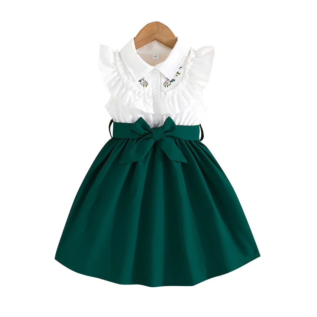 Dress For Kids 2-7 Years old Birthday Ruffled Embroidered Sleeveless Emerald Green Princess Dresses Ootd For Baby Girl