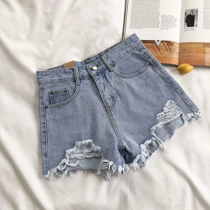 Korean Denim Holes Shorts For Women  Fashion High WaistWide Leg Short Jeans Female Designer Casual Street Short 2024 New