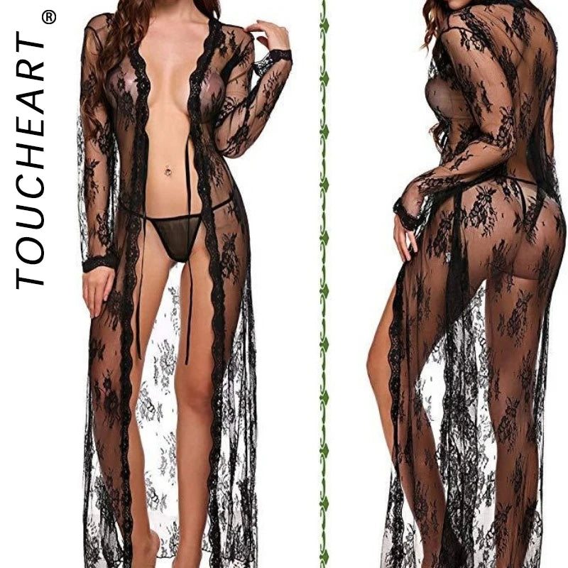 Toucheart Sexy Lace Mesh Transparent Sexy Robe Nightgown Women's See-Through Lace Printing Deep V-Neck Home Ultrathin Nightgown