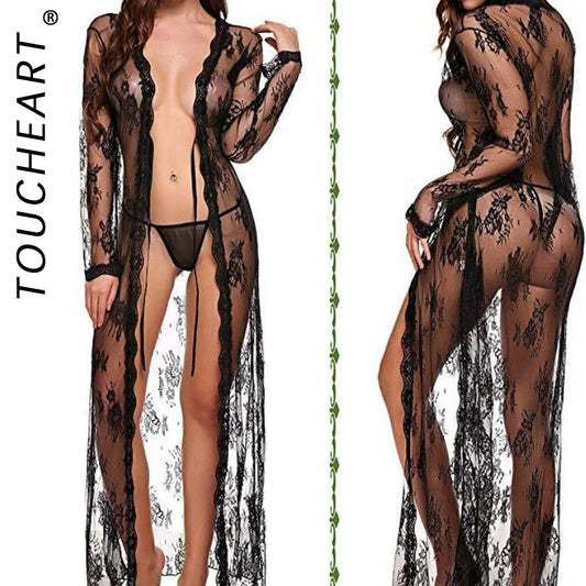 Toucheart Sexy Lace Mesh Transparent Sexy Robe Nightgown Women's See-Through Lace Printing Deep V-Neck Home Ultrathin Nightgown