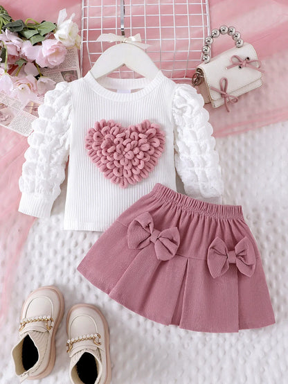 Ceeniu 0-3Y Baby Pink Heart Outfit Long Sleeve High Neck Pink Rose Top and Bow Skirt+Hat 3pcs Toddler Clothing Sets For Girl