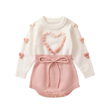 Newborn Baby Girls Sweater Romper Autumn Winter Knit Clothes Long Sleeve Contrast Color Heart Crotch Button Bodysuit For Toddler