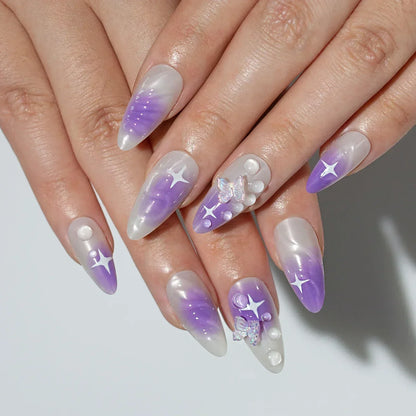 24Pcs Short Round Head Almond Fake Nails with Flowers Grass Pattern Wearable False Nails Tips Summer Full Cover Press on Nails