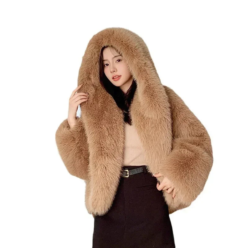 New Environmentally Friendly Fur Imitation Fox Hair Hooded Jacket Women's Korean Premium Furry Warm Jacket Women