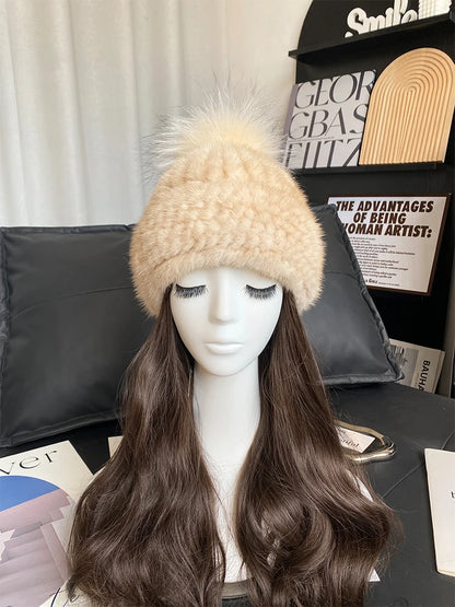 New Women Winter Natural Mink Fur Hats Knitted Real Mink Fox Fur Ball Caps Female Russian Warm Beanies Hat Fur Hat