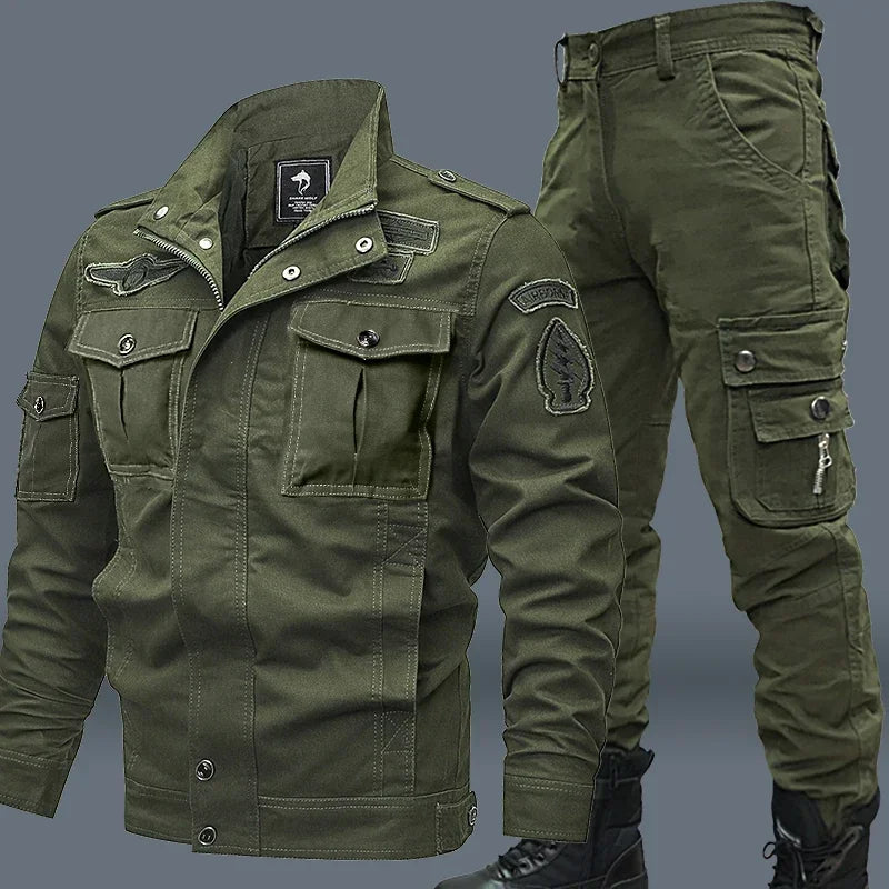 Mens Military Sets Cotton Embroidery Multi Pocket Jacket+Wear Resistant Straight Cargo Pant 2Piece Suit Winter Work Wear Set 6XL