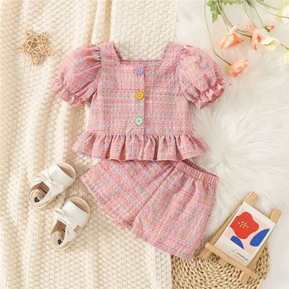 (0-3 Years Old) Summer Baby Girl Cotton Color Plaid Bubble Sleeve Top And Shorts Set Cute Princess Style Two-Piece Set For Girls