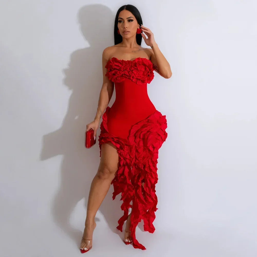 Elegant Ruffles Tassel Strapless Sleeveless Long Dress