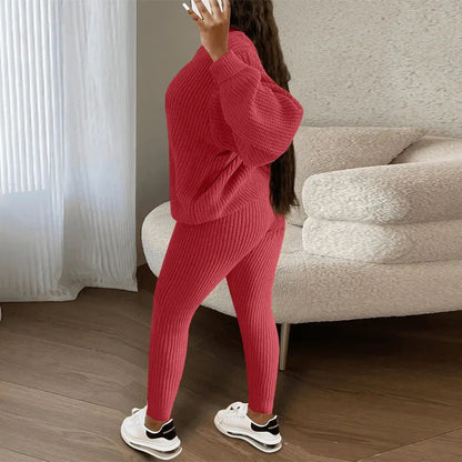 Winter Two Piece Sets Women Clothing Autumn Fashion Casual Solid Round Neck Pullover Loose Pit Knitted Sweater Pants Suits