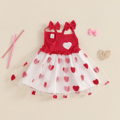 Lovely Toddler Girl Sleeveless Mesh Dress Heart Embroidery Square Neck Tulle Princess Dresses Valentines Day Clothes