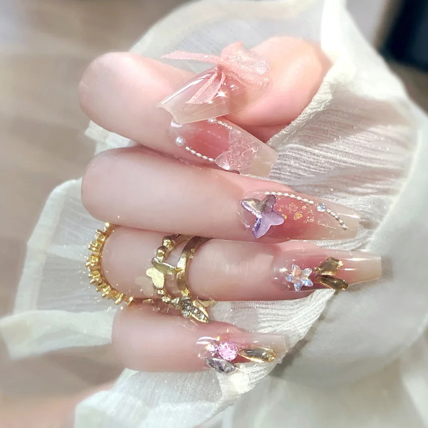 24Pcs Long Ballerina Fake Nails Sparkly Diamond Designs Press on Nails White Pearl Clear False Nails for Women Bride Wedding