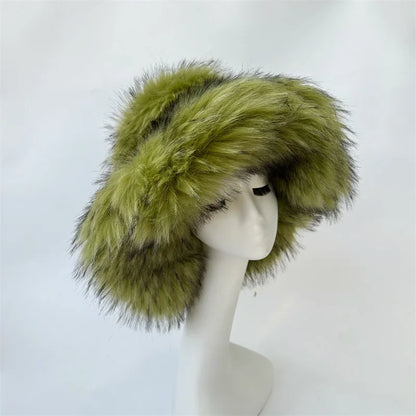 Fur bucket hat and bag set Women's warm plush autumn and winter hat Punk style imitation raccoon fur basin hat and handbag