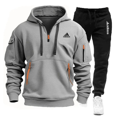 Autumn Men's Two-Piece Zipper Hooded Sweatpants Multi-Pocket