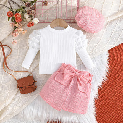 Baby Girl's Clothing Sets White Bubble Long Sleeve Princess Style Tops Bow Half Skirts Hat Three Piece Set Outfits 1 2 3Years