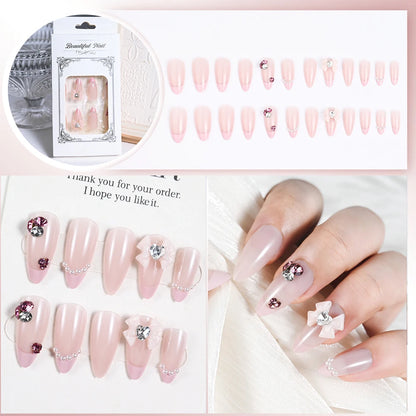 24pcs/box Luxury Pink Long Coffin Fake Nails Y2K Moon Star Rhinestones Press On Nails Handmade Full Cover Reusable False Nails