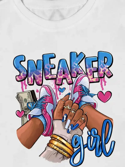 Sneaker Girl Graphic Print T-shirt Casual Short Sleeve Crew Neck Top Women's Clothing Woman Shirt Kawaii Tee Shirt