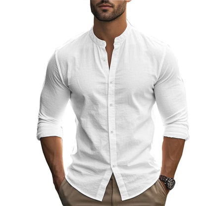 Men's Henry Shirts Cotton Linen Slim Fit Causal Hawaiian Solid Color Basic Style Spring Summer Breathable Men Clothing