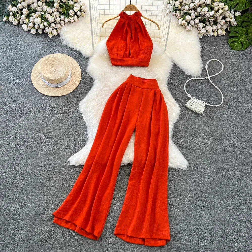 Green/Black/Red 2024 New Summer Two Piece Set Women Sexy Strap Short Tops + High Waist Wide Leg Pants Female Suit New