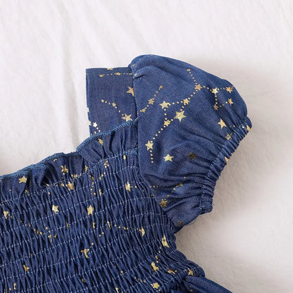 Baby Girl Summer Dress Golden Star Pattern Puff Sleeve Blue Princess Dress Fashion Party Dress for Kids Girl 3-24 Months