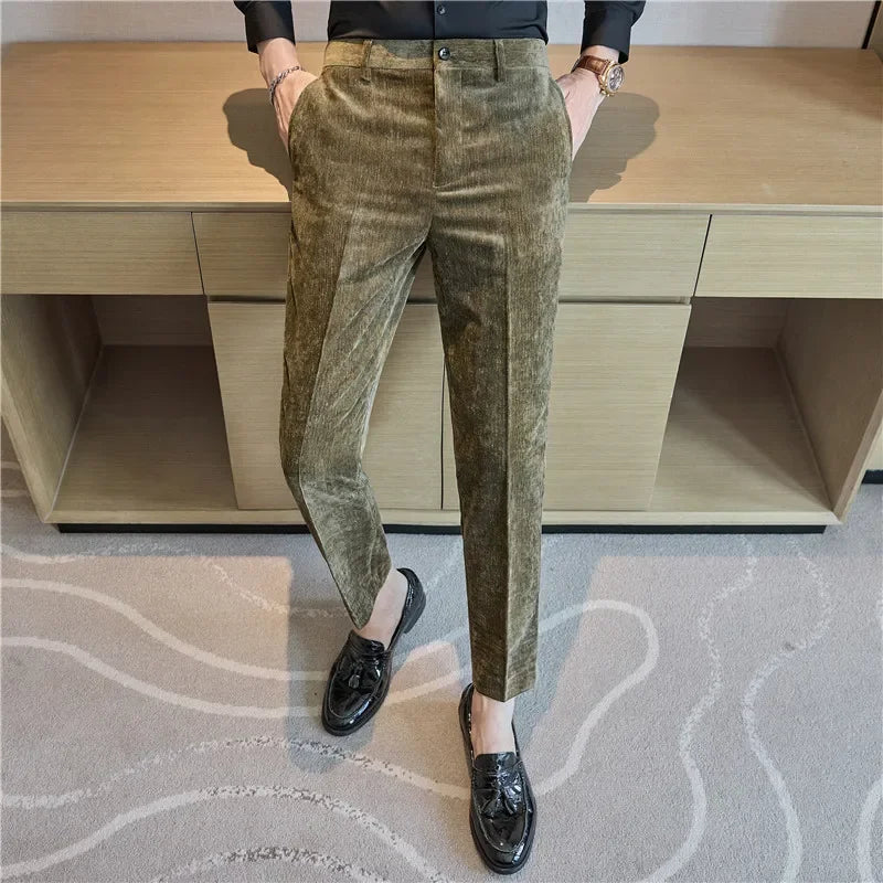 Velvet Men Suit Pants 2024 Autumn Winter New Warm Thick Trousers Solid Casual Elastic Slim Fit Formal Dress Pants Wedding Party