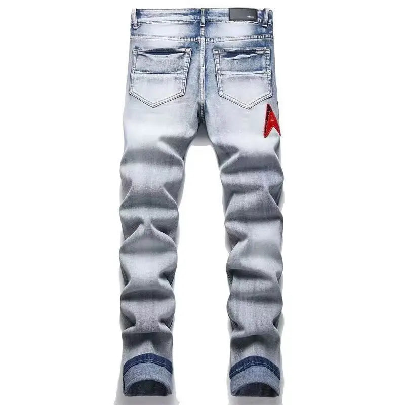 High Street Stretch Embroidery Men’s Jeans Ripped Streetwear Jeans Punk Style Pants for Man Slim Fashion Small Feet Men's Jeans