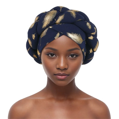 Muslim Headscarf Bonnet Turbante mujer Feather Gold Stamping Braids Turban Cap for Women Fashion African Lady Head Wraps