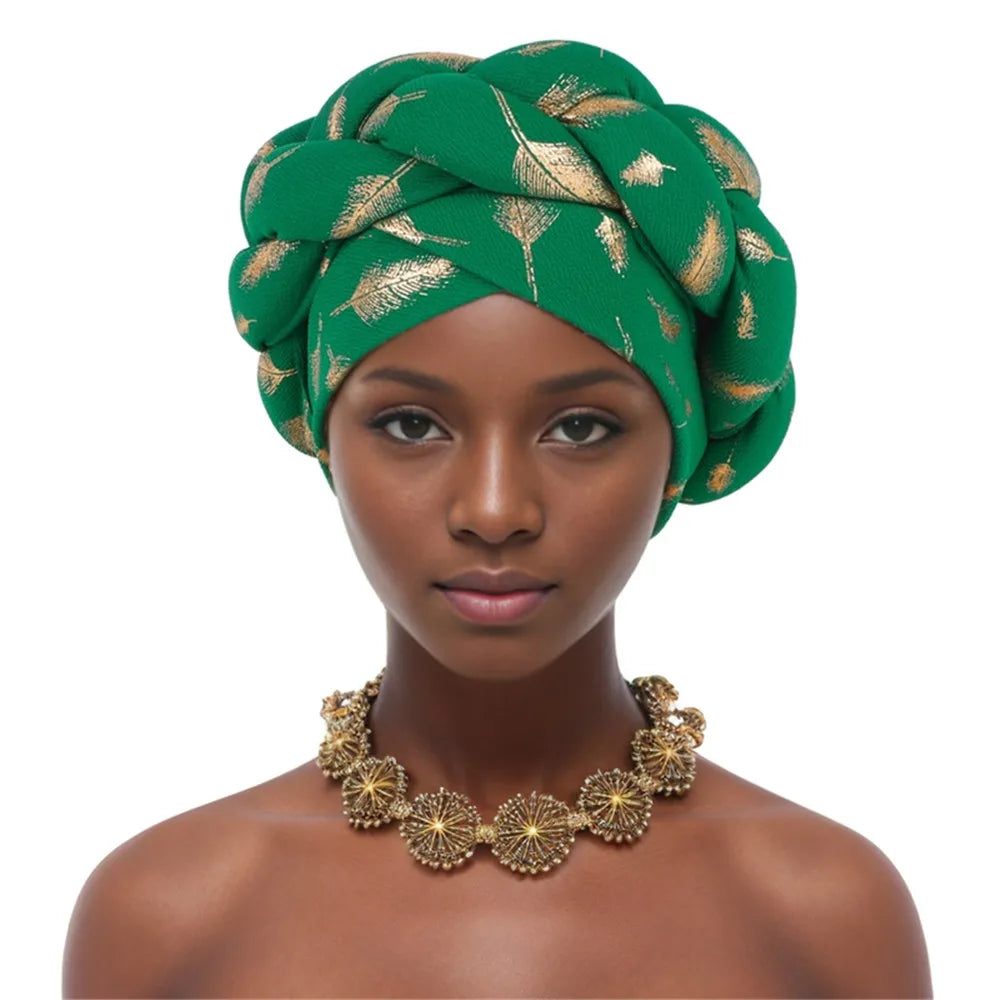 Muslim Headscarf Bonnet Turbante mujer Feather Gold Stamping Braids Turban Cap for Women Fashion African Lady Head Wraps