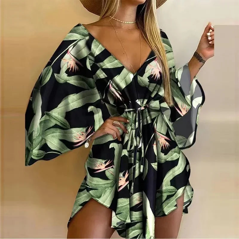 New Summer Beach Elegant Women Dresses Sexy V Neck Lace-up Floral Print Mini