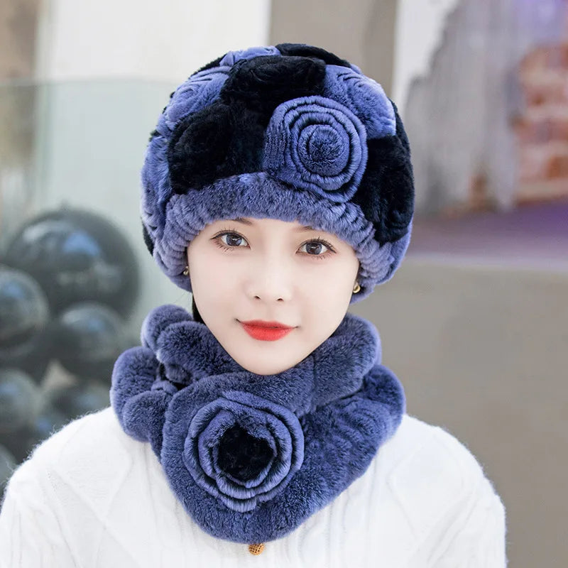 2025 Hot Sale Women Winter Fur Hat Scarf Sets Natural Warm Real Rex Rabbit Fur Cap Scarves Lady Knitted Genuine Fur Hats Muffler