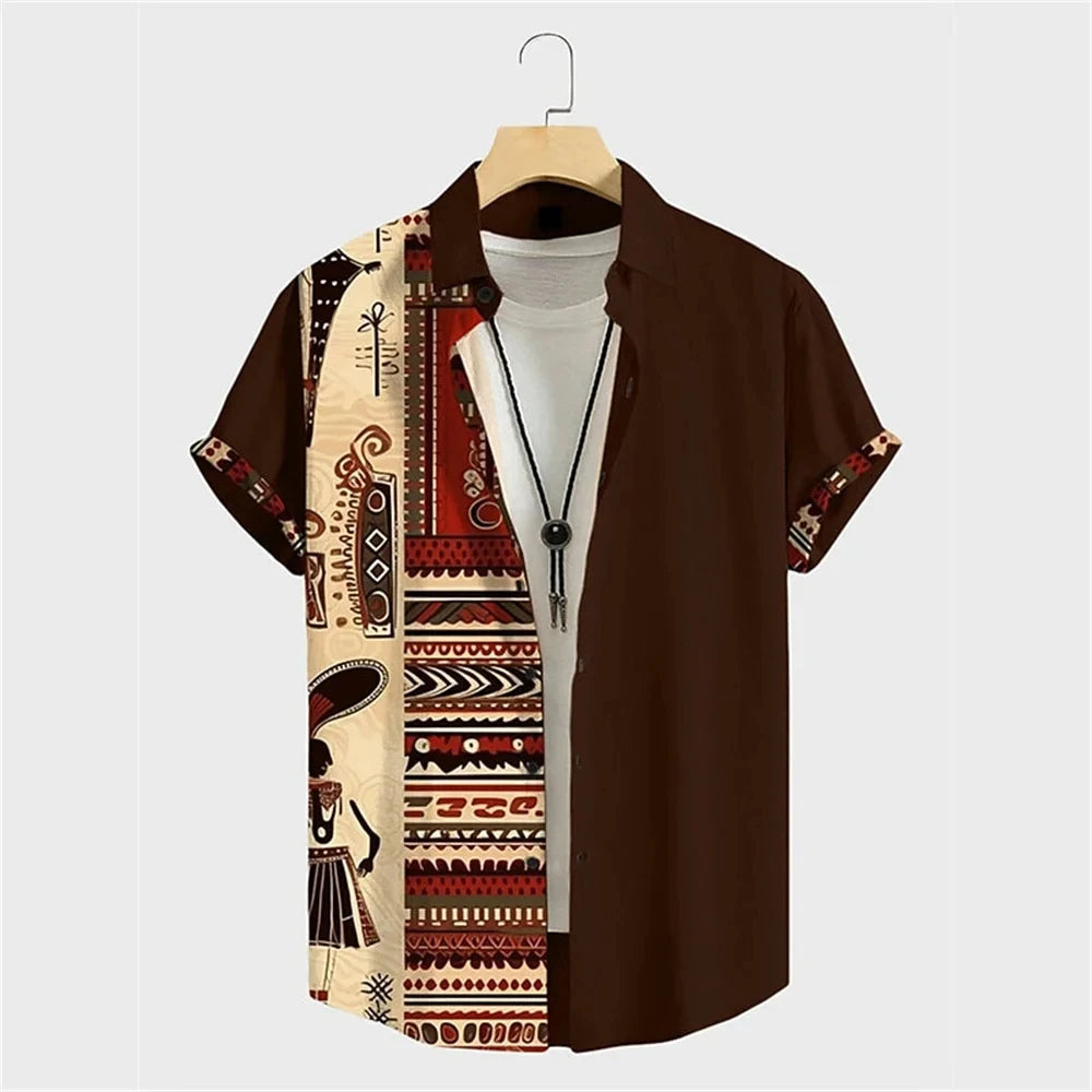 Autumn Ethnic Style Graphic 3D Print Holiday Button Men Clothing Luxury Men's Shirt Casual Short Sleeve Retro Shirt Man Top