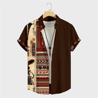 Autumn Ethnic Style Graphic 3D Print Holiday Button Men Clothing Luxury Men's Shirt Casual Short Sleeve Retro Shirt Man Top