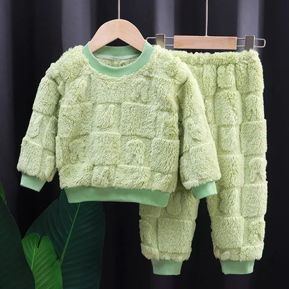 Children's autumn and winter flange pajamas suits Korean version boys plus velvet thick home service girl warm underwear suit