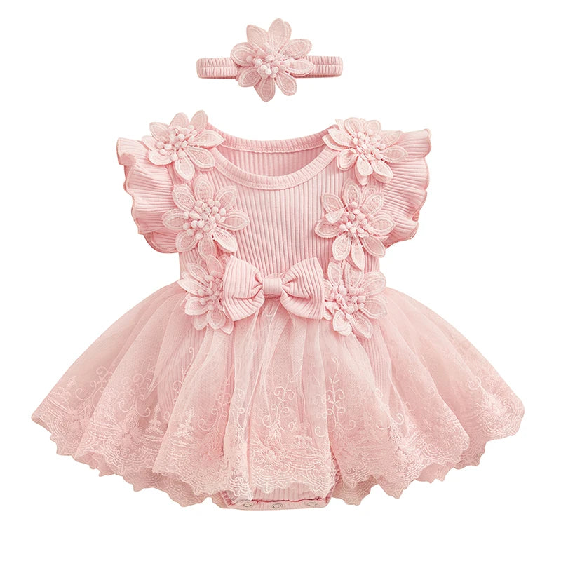 Infant Baby Girl Lace Romper Baby Tulle Dress Romper Flowers Bodysuit Spring Summer Festival Clothes with Headband