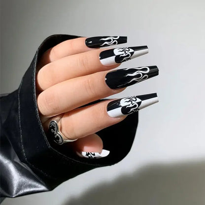 Extra Long Coffin Fake Nail Black And White Plaque False Nails French Ballerina Artificial Full Cover Nail Tips Press On Nail