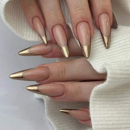 24Pcs Mid-length False Nails with Almond Head Design Brown Gold Lines Fake Nails Oval Wearable French Press on Nail Tips