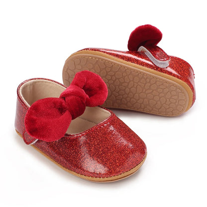 Newborn Baby Shoes Baby Girl Shoes Girl Classic Red Bowknot Rubber Sole Anti-slip PU Dress Shoes First Walker Toddler Crib Shoes