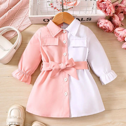 Baby girl spring and autumn contrasting patchwork lapel single breasted waistband dress