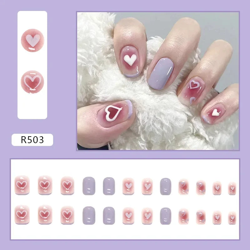 Vintage Camellia Wearable Pink Press on Fake Nails Tips with Glue False Nails Design Butterfly Lovely Girl False Nails