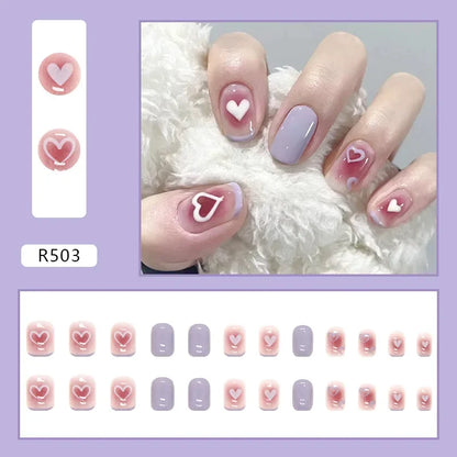 Vintage Camellia Wearable Pink Press on Fake Nails Tips with Glue False Nails Design Butterfly Lovely Girl False Nails