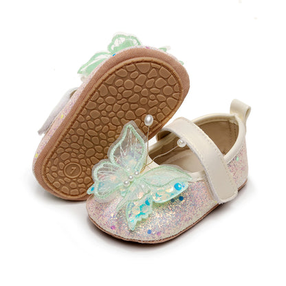 Shiny 3D Butterfly Princess Dress Shoes for Baby Girl Glitters Flats