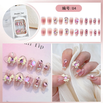 24pcs Full Rhinestones Bridal Press-on Nail Long Lasting Full Coverage Pearl Shiny Artificial Fake Nail For Manicure Decoration