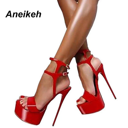 Aneikeh Sandals Sexy Open Toe 16CM High Heels Shoes Black Red White