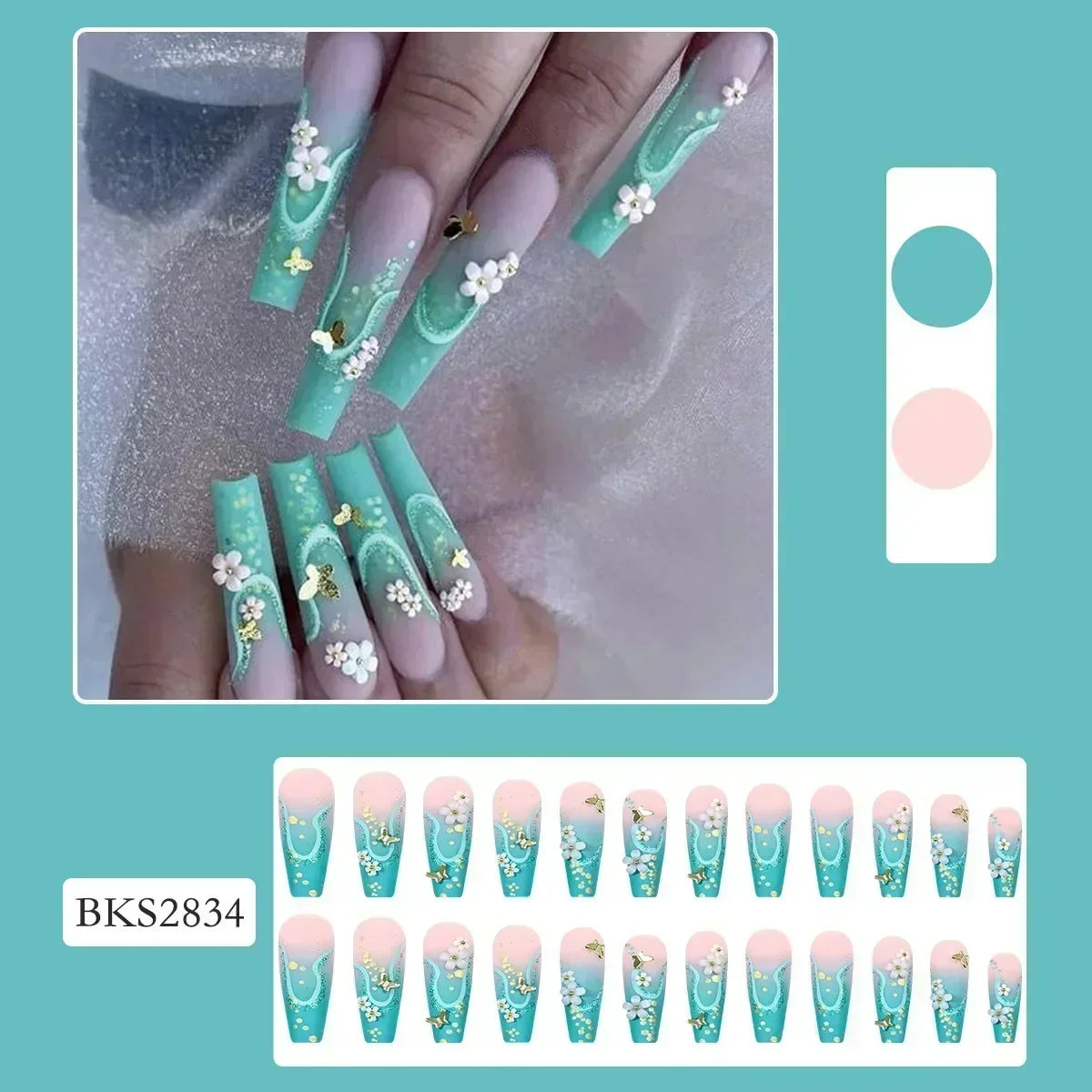 24Pcs wearable False Nails Long Coffin Press on Nails with Rhinestone colorful Flower Design Ballet artificial Fake Nails tips