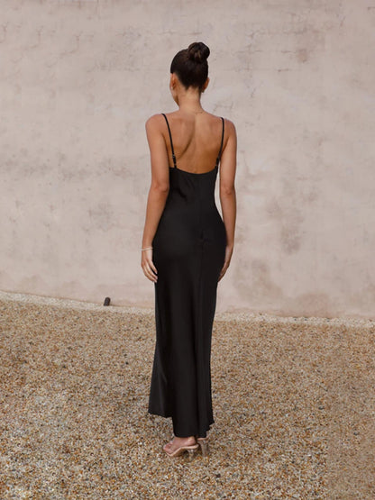 2024 Summer Fashion Elegant Women's Urban Commuter Long Dress with Deep V-neck Slim Fit Off Back Solid Color Sexy Party Dress